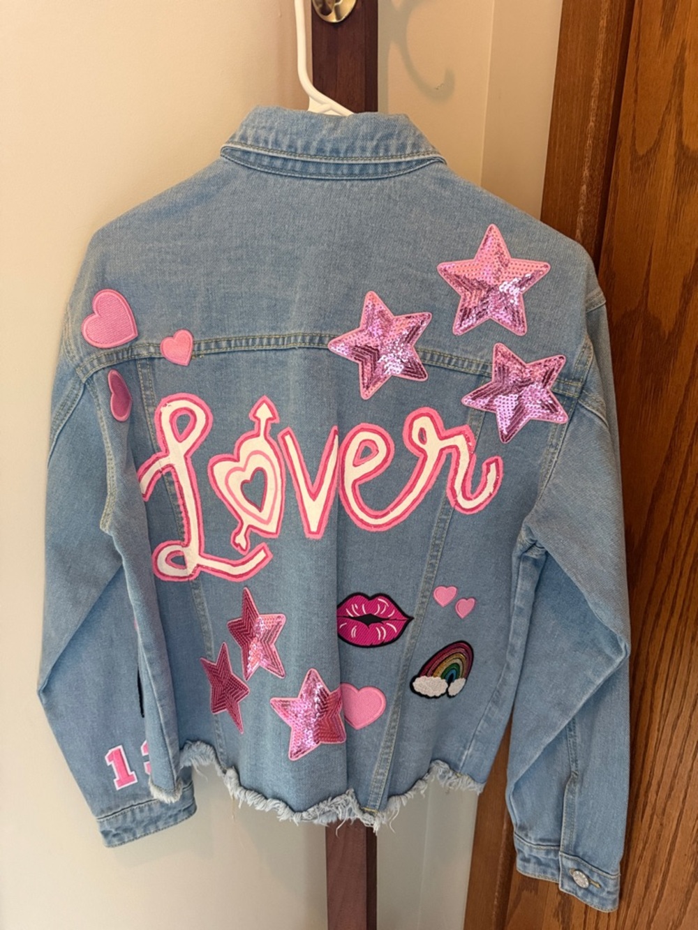 TS Taylor Lover Jean Jacket - Light Blue Denim Jacket with Pink 'Lover' Patches